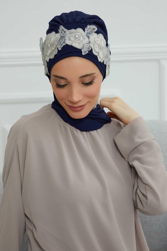 Çiçekli Taç Aksesuarlı Şifon Hazır Türban,HT-103,HT-103 Lacivert-Gümüş - 5