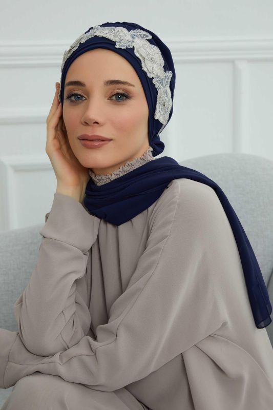 Çiçekli Taç Aksesuarlı Şifon Hazır Türban,HT-103,HT-103 Lacivert-Gümüş - 6