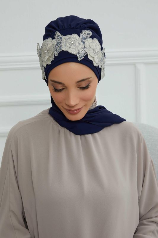 Çiçekli Taç Aksesuarlı Şifon Hazır Türban,HT-103,HT-103 Lacivert-Gümüş - 8