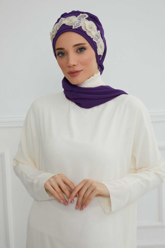 Çiçekli Taç Aksesuarlı Şifon Hazır Türban,HT-103,HT-103 Mor-Gold - 1