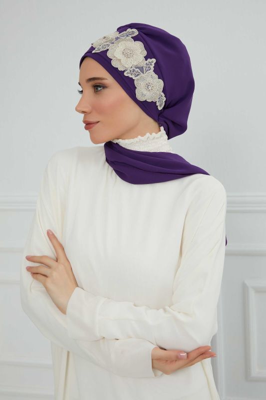 Çiçekli Taç Aksesuarlı Şifon Hazır Türban,HT-103,HT-103 Mor-Gold - 2