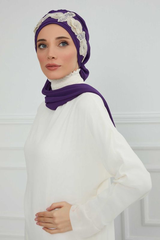Çiçekli Taç Aksesuarlı Şifon Hazır Türban,HT-103,HT-103 Mor-Gold - 3