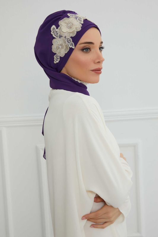 Çiçekli Taç Aksesuarlı Şifon Hazır Türban,HT-103,HT-103 Mor-Gold - 5