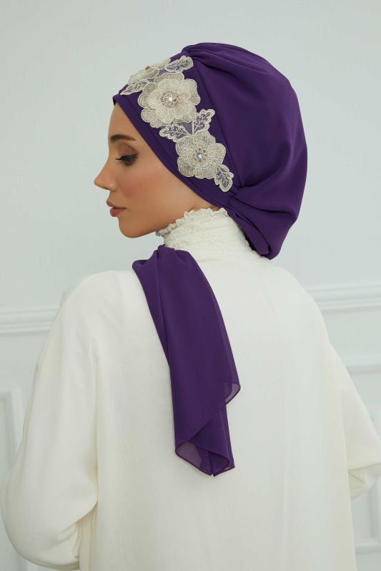 Çiçekli Taç Aksesuarlı Şifon Hazır Türban,HT-103,HT-103 Mor-Gold - 6