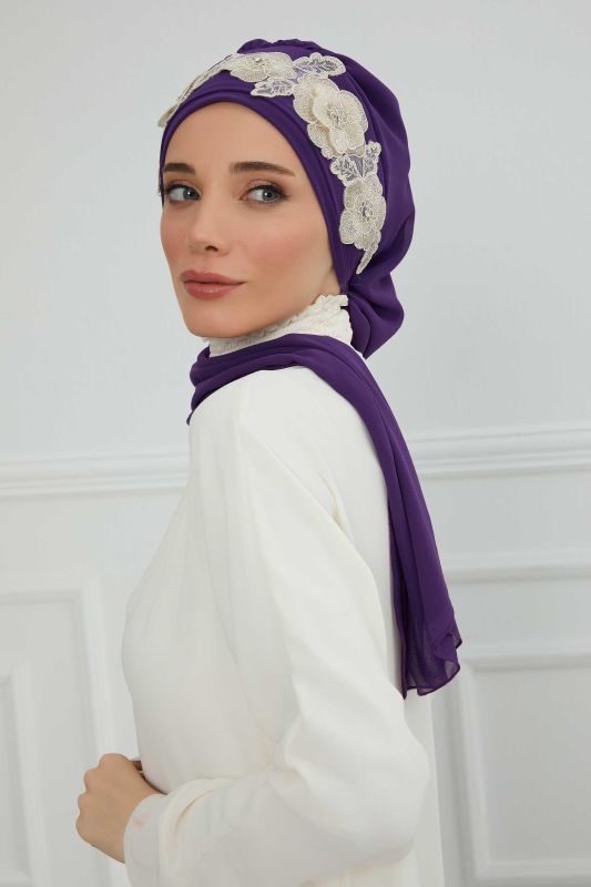 Çiçekli Taç Aksesuarlı Şifon Hazır Türban,HT-103,HT-103 Mor-Gold - 7