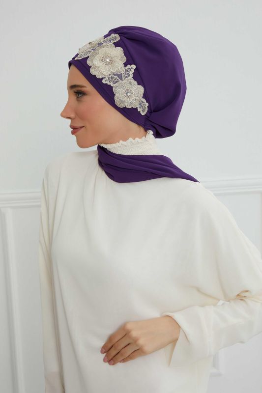 Çiçekli Taç Aksesuarlı Şifon Hazır Türban,HT-103,HT-103 Mor-Gold - 8