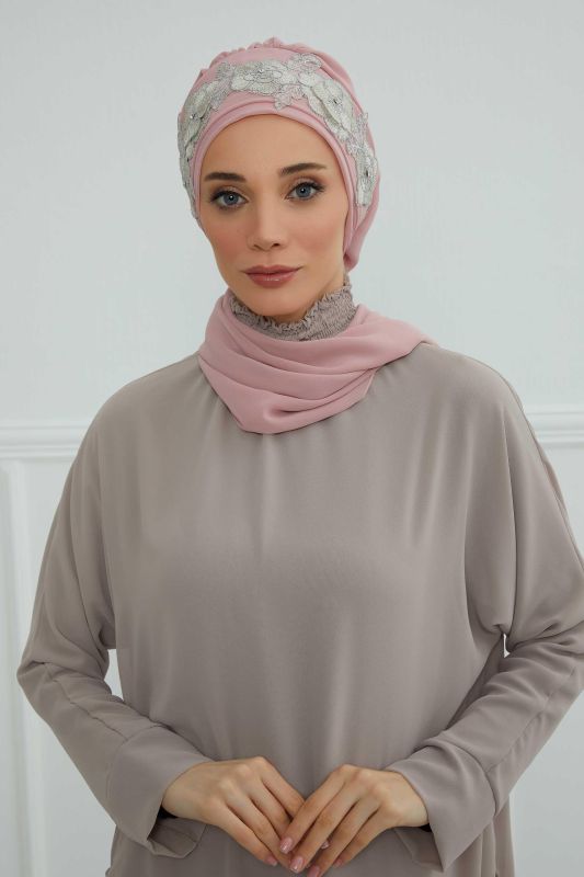 Çiçekli Taç Aksesuarlı Şifon Hazır Türban,HT-103,HT-103 Pudra-Gümüş - 1