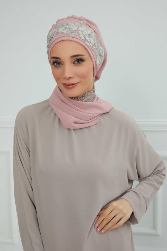 Çiçekli Taç Aksesuarlı Şifon Hazır Türban,HT-103,HT-103 Pudra-Gümüş - 2