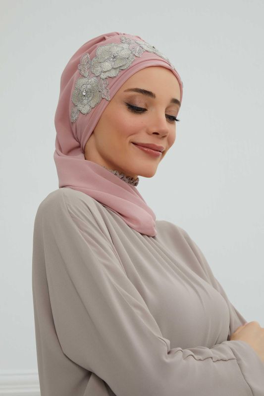 Çiçekli Taç Aksesuarlı Şifon Hazır Türban,HT-103,HT-103 Pudra-Gümüş - 4