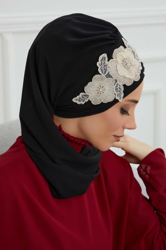 Çiçekli Taç Aksesuarlı Şifon Hazır Türban,HT-103,HT-103 Siyah-Gold - 3