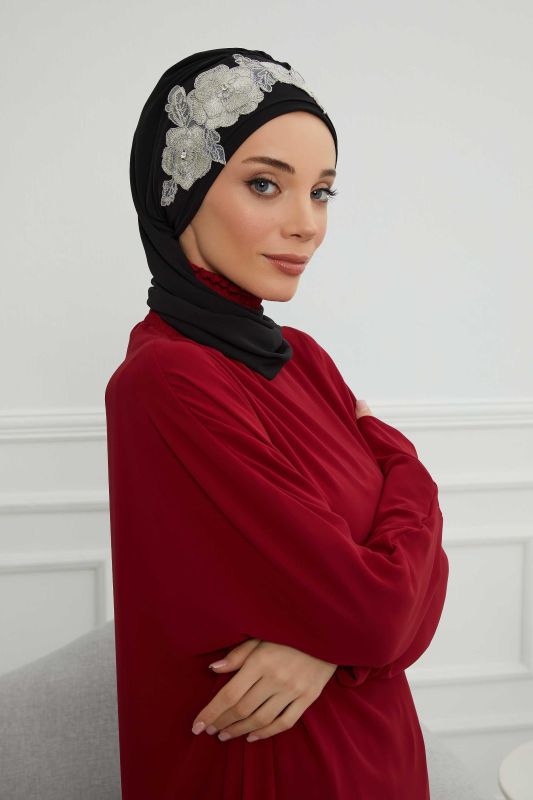 Çiçekli Taç Aksesuarlı Şifon Hazır Türban,HT-103,HT-103 Siyah-Gümüş - 6