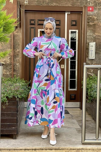 END - Çiçekli Tesettür Elbise LİLA