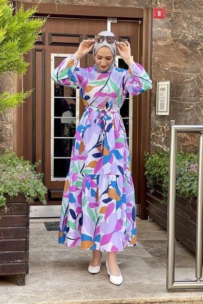 Çiçekli Tesettür Elbise LİLA - Thumbnail