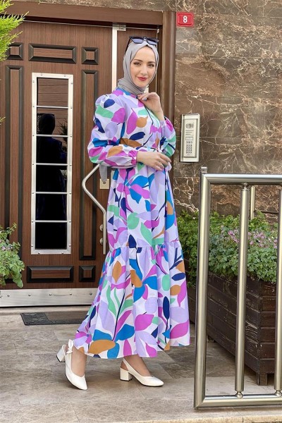 Çiçekli Tesettür Elbise LİLA - Thumbnail