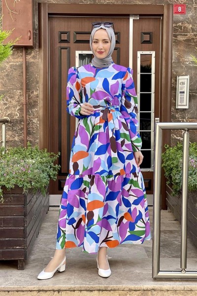 Çiçekli Tesettür Elbise MOR - Thumbnail