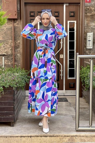 Çiçekli Tesettür Elbise MOR - Thumbnail