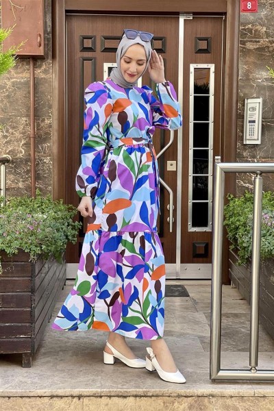 Çiçekli Tesettür Elbise MOR - Thumbnail