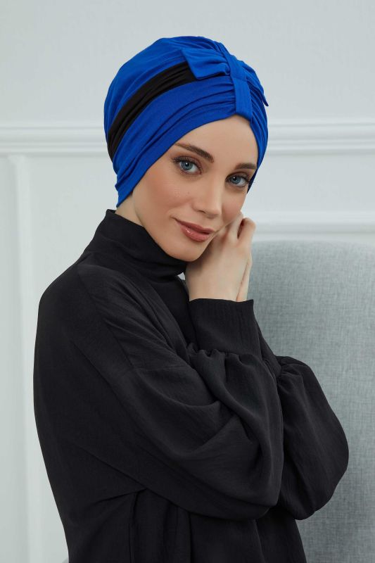 Çift Renkli Fiyonklu Bone,B-77 Saks Mavisi - Siyah - 1