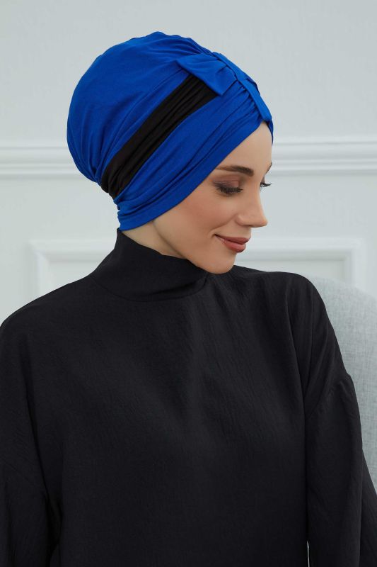 Çift Renkli Fiyonklu Bone,B-77 Saks Mavisi - Siyah - 4