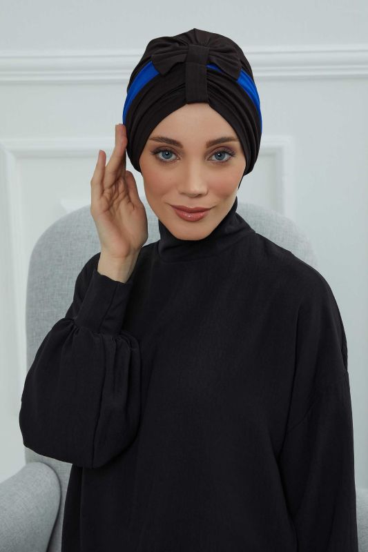Çift Renkli Fiyonklu Bone,B-77 Siyah - Saks Mavisi - 1