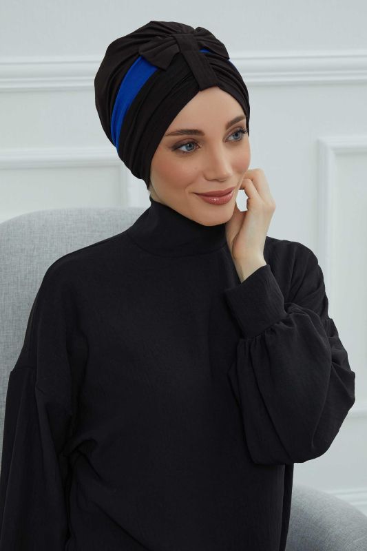 Çift Renkli Fiyonklu Bone,B-77 Siyah - Saks Mavisi - 2