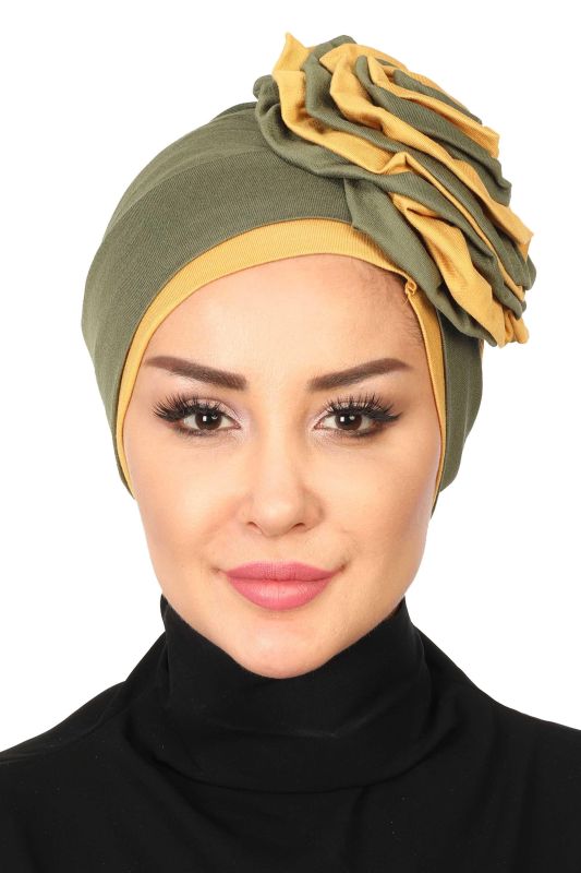 Çift Renkli Güllü Bone,B-28 Haki Yeşil - Hardal Sarısı - 1