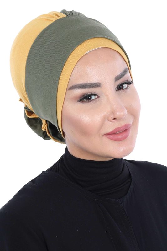 Çift Renkli Güllü Bone,B-28 Haki Yeşil - Hardal Sarısı - 3