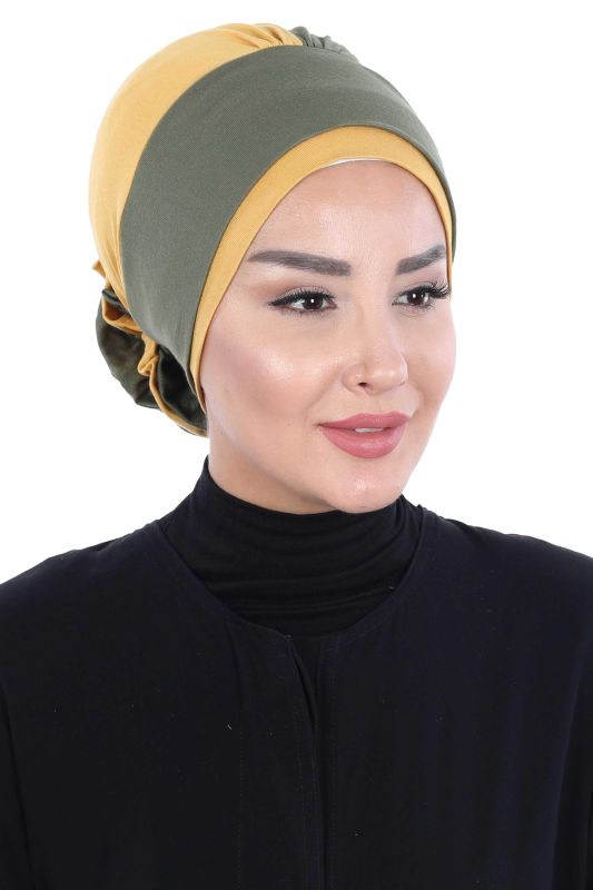 Çift Renkli Güllü Bone,B-28 Haki Yeşil - Hardal Sarısı - 4