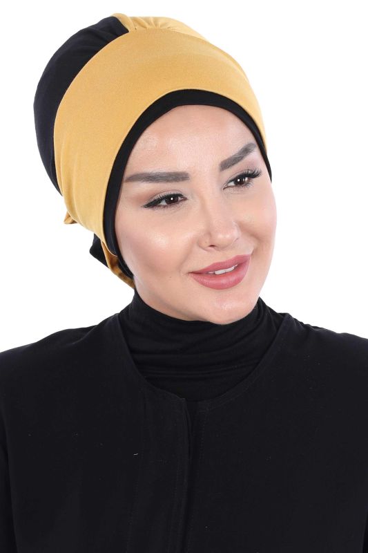 Çift Renkli Güllü Bone,B-28 Hardal Sarısı - Siyah - 2