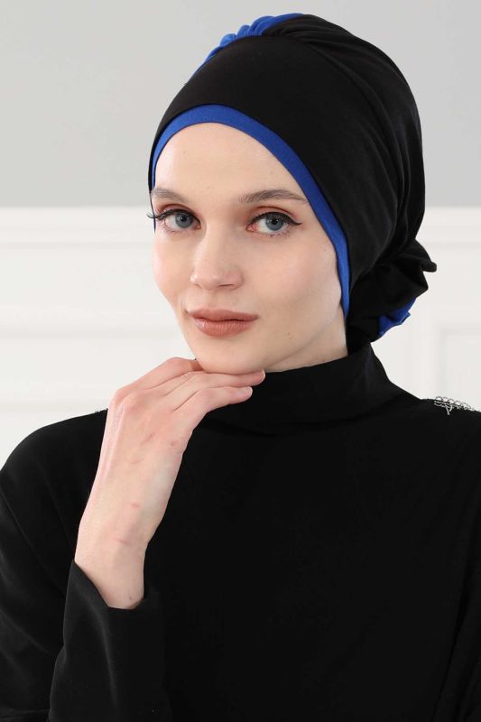 Çift Renkli Güllü Bone,B-28 Siyah - Saks - 7