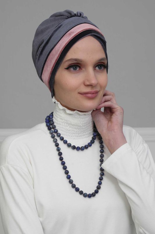 Çift Renkli Kadife Bone,B-23K Antrasit - Gül Kurusu - 1
