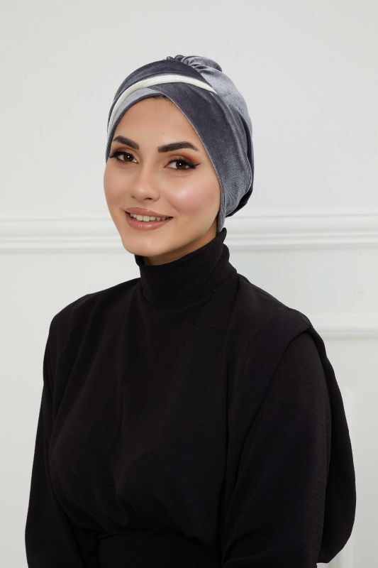 Çift Renkli Kadife Bone,B-23K Gri - Krem - 1