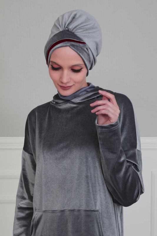 Çift Renkli Kadife Bone,B-23K Gri - Vişne Çürüğü - 1