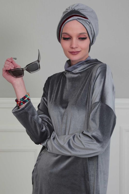 Çift Renkli Kadife Bone,B-23K Gri - Vişne Çürüğü - 5