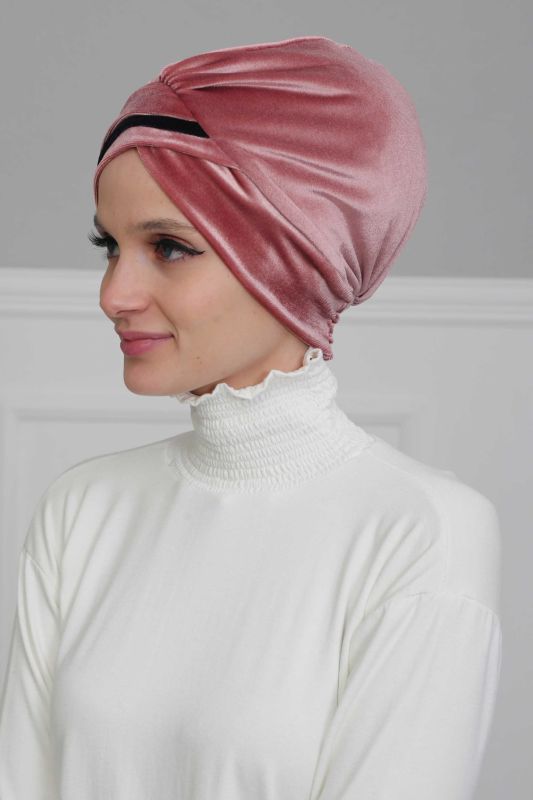 Çift Renkli Kadife Bone,B-23K Gül Kurusu - Lacivert - 2