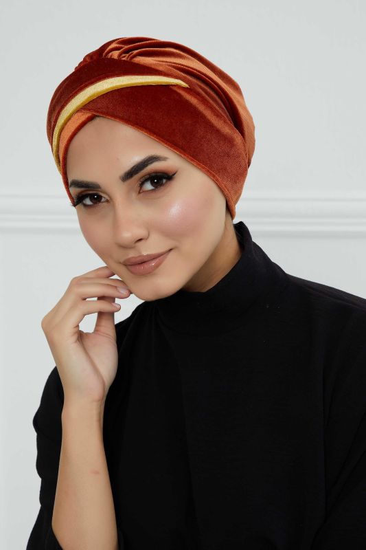 Çift Renkli Kadife Bone,B-23K Kiremit - Hardal - 3