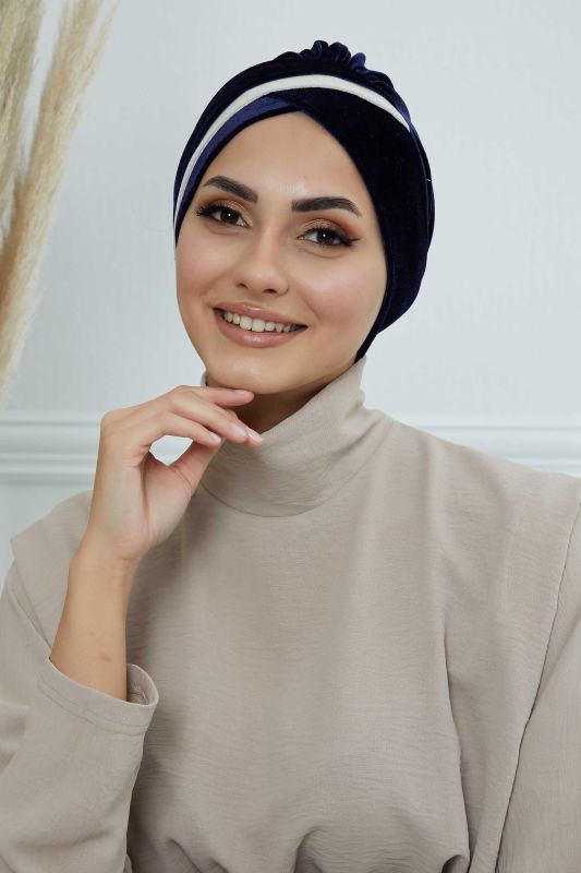 Çift Renkli Kadife Bone,B-23K Lacivert - Krem - 1