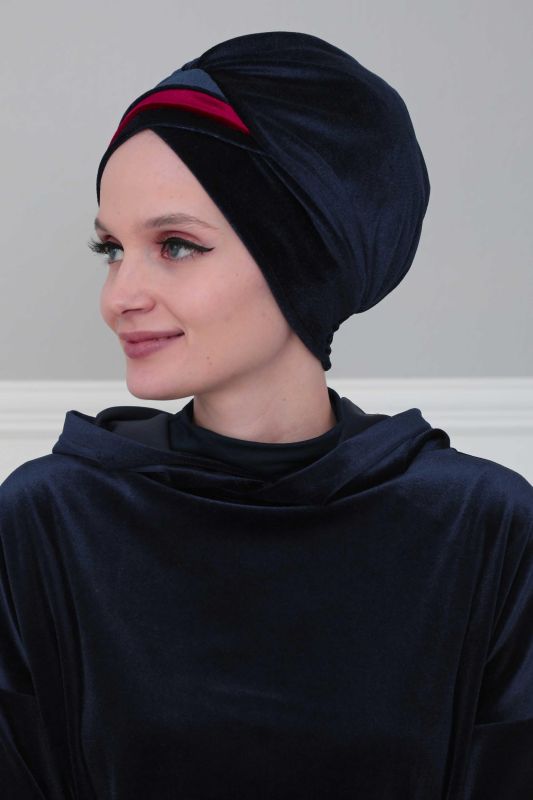 Çift Renkli Kadife Bone,B-23K Lacivert - Vişne Çürüğü - 3