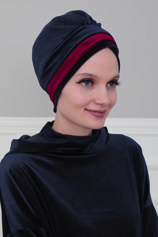 Çift Renkli Kadife Bone,B-23K Lacivert - Vişne Çürüğü - 4