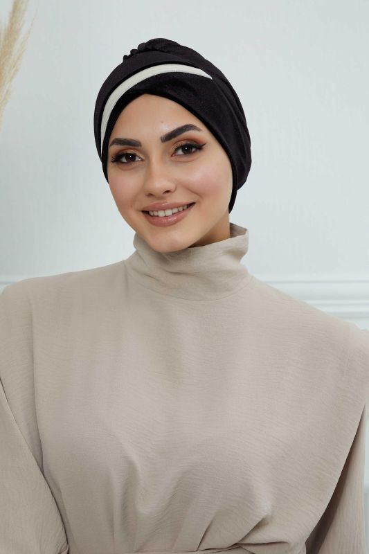 Çift Renkli Kadife Bone,B-23K Siyah - Krem - 1