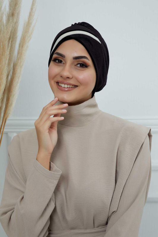 Çift Renkli Kadife Bone,B-23K Siyah - Krem - 2