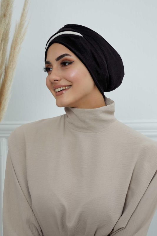 Çift Renkli Kadife Bone,B-23K Siyah - Krem - 3