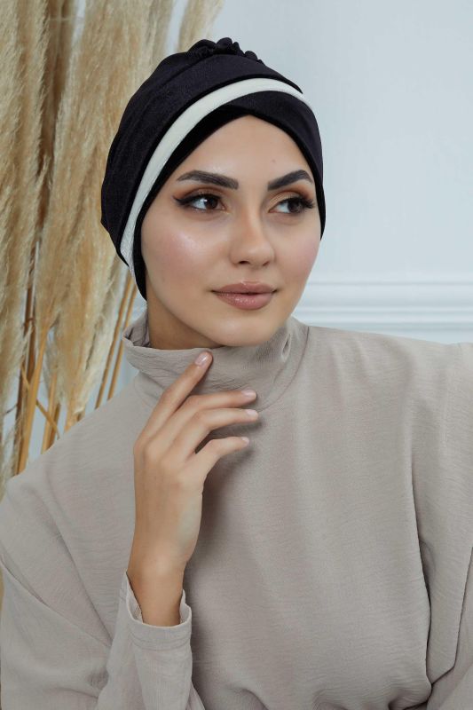 Çift Renkli Kadife Bone,B-23K Siyah - Krem - 4