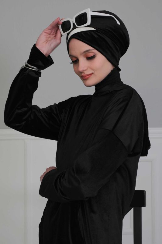 Çift Renkli Kadife Bone,B-23K Siyah - Krem - 5
