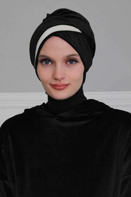 Çift Renkli Kadife Bone,B-23K Siyah - Krem - 7