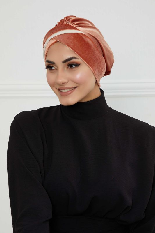 Çift Renkli Kadife Bone,B-23K Somon - Krem - 2