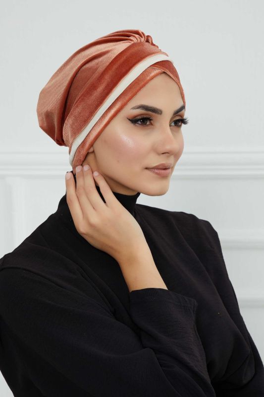 Çift Renkli Kadife Bone,B-23K Somon - Krem - 4