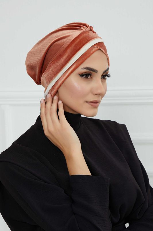 Çift Renkli Kadife Bone,B-23K Somon - Krem - 5