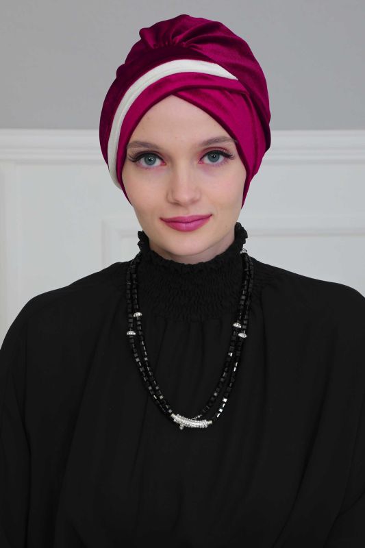 Çift Renkli Kadife Bone,B-23K Vişne Çürüğü - Krem - 2