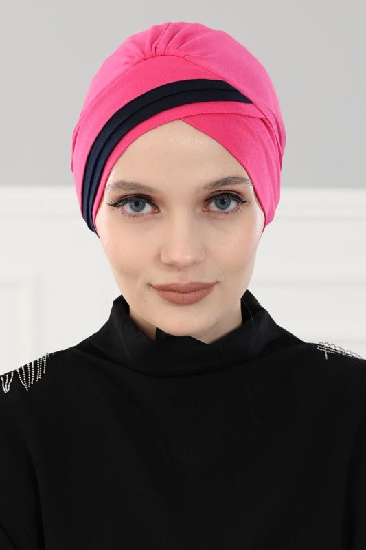 Double Color Combed Cotton Bonnet, B-23 Fuchsia - Navy Blue - 1